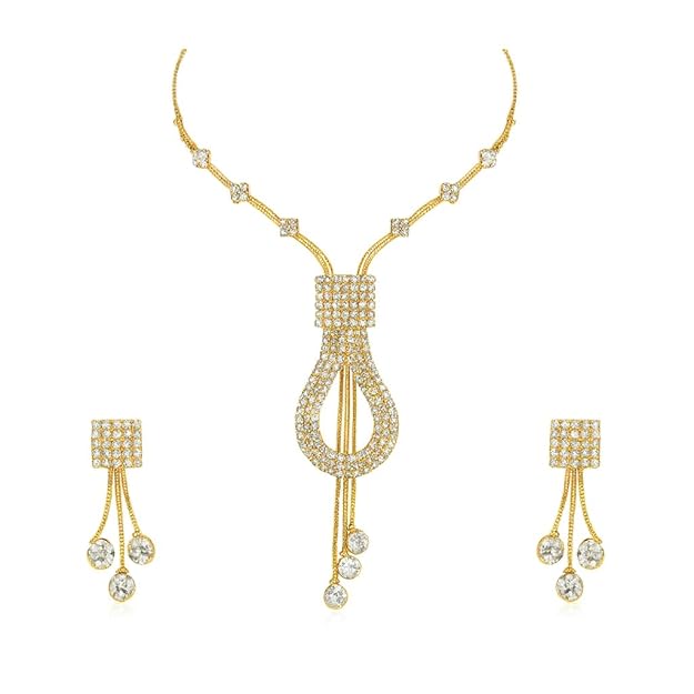 Bridal Jewellery Set for Women | Golden White Stone Necklace with Matching Earrings | Wedding Engagement Festival Jewellery Collection
