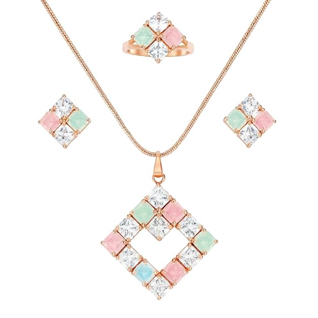 Square Stone Jewellery Set for Women | Multicolor Pendant Necklace with Earrings and Ring | Wedding Engagement Festival Jewellery Collection