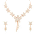 Rose Gold Floral Mesh Jewellery Set for Women | White Stone Necklace with Earrings | Designer Bridal Necklace Set for Girls | Ethnic Jewellery for Wedding & Party
