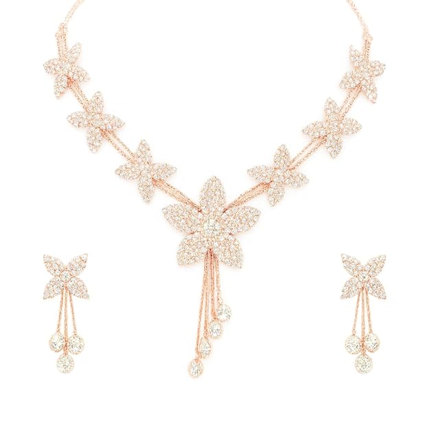 Rose Gold Floral Mesh Jewellery Set for Women | White Stone Necklace with Earrings | Designer Bridal Necklace Set for Girls | Ethnic Jewellery for Wedding & Party