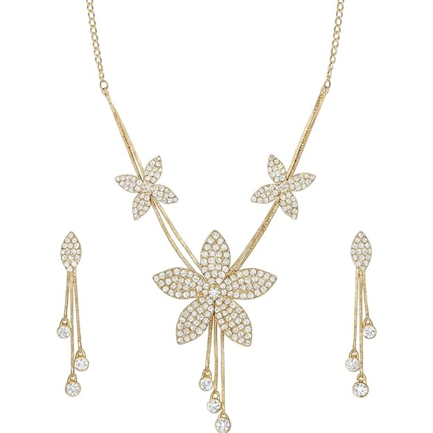 Gold Floral Star Crystal Necklace with Earrings | Bridal Wedding Party Traditional Jewellery | Stylish Designer Necklace Earrings Set for Festivals, Engagement & Special Occasions