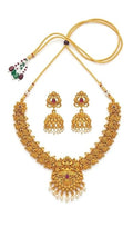 Exquisite Antique Gold-Finish Temple Jewelry Set with Peacock Motifs, Ruby Accents, and Pearl Jhumkasnecklace set for saree and lehenga