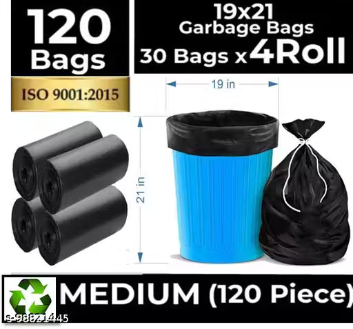 Premium Biodegradable Garbage Bags 19 X 21 Inches (Medium Size) 120 Bags (4 Rolls) Dustbin Bag/Trash Bag - Black Color